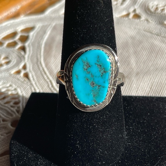 Vintage Jewelry - Vintage turquoise & sterling silver ring matrix custom design size 9.5